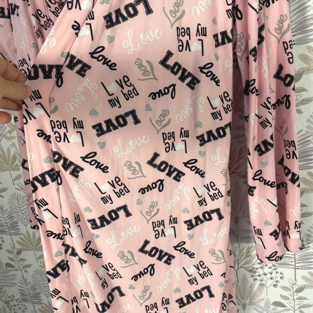 Grumpy & Gorgeous Pajama Nightgown & Robe Set Pink Love Print Size L Gown M Robe
